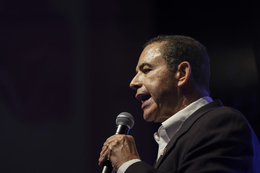 U.S. Rep. Henry Cuellar, D-Laredo, speaks at a rally at the Cine El Rey theater in McAllen on March 9, 2026.