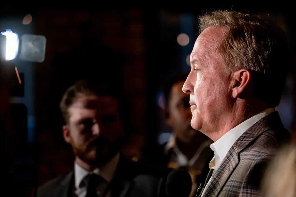 Attorney General Ken Paxton speaks during the first stop on his Texas First Tour to launch his campaign for the United States Senate on Monday, Feb. 16, 2026, at Republic Icehouse in Tyler.