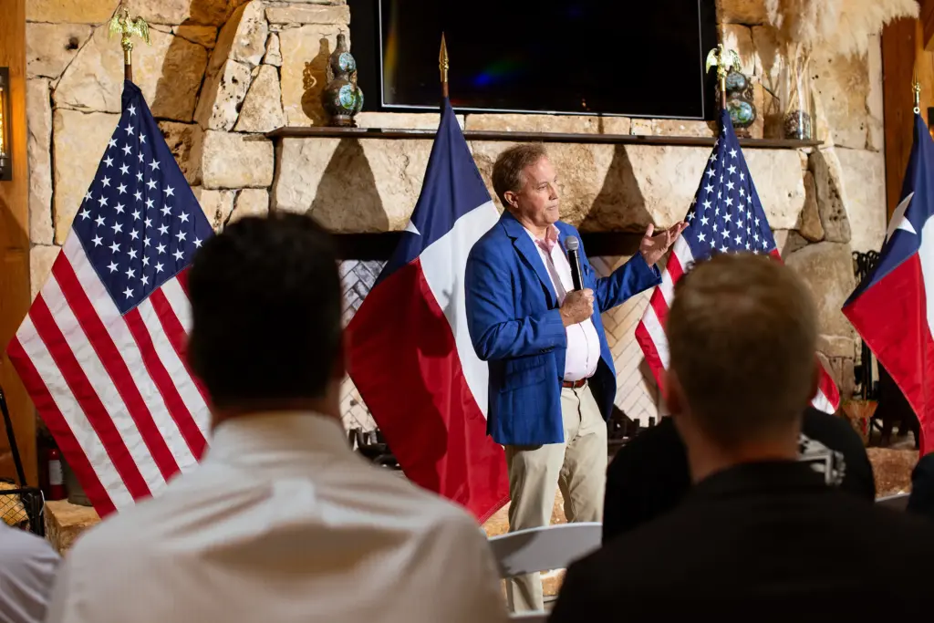 Texas Attorney General Ken Paxton delivers a speech during a campaign event at Hog Heaven in Dripping Springs on Thursday, May 21, 2026.