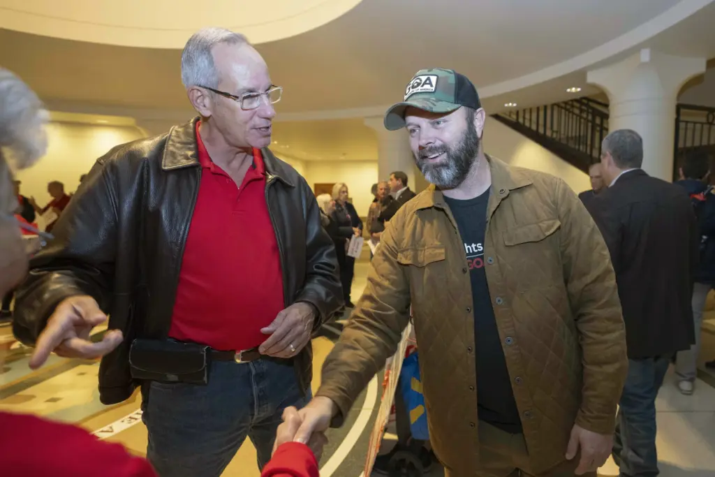 State Rep. Wes Virdell, R-Brady, right, at the Capitol in Austin on Dec. 7, 2024. Virdell's district includes Kerrville, which suffered catastrophic damage and loss of life in the July 4 flood.