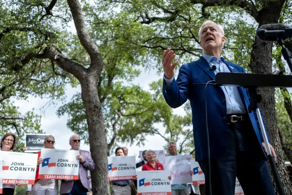 U.S. Sen. John Cornyn speaks to members of the press after casting his vote on the first day of early voting for the Texas primary runoff elections at the Circle C. Community Center in Austin on Monday, May 18, 2026.