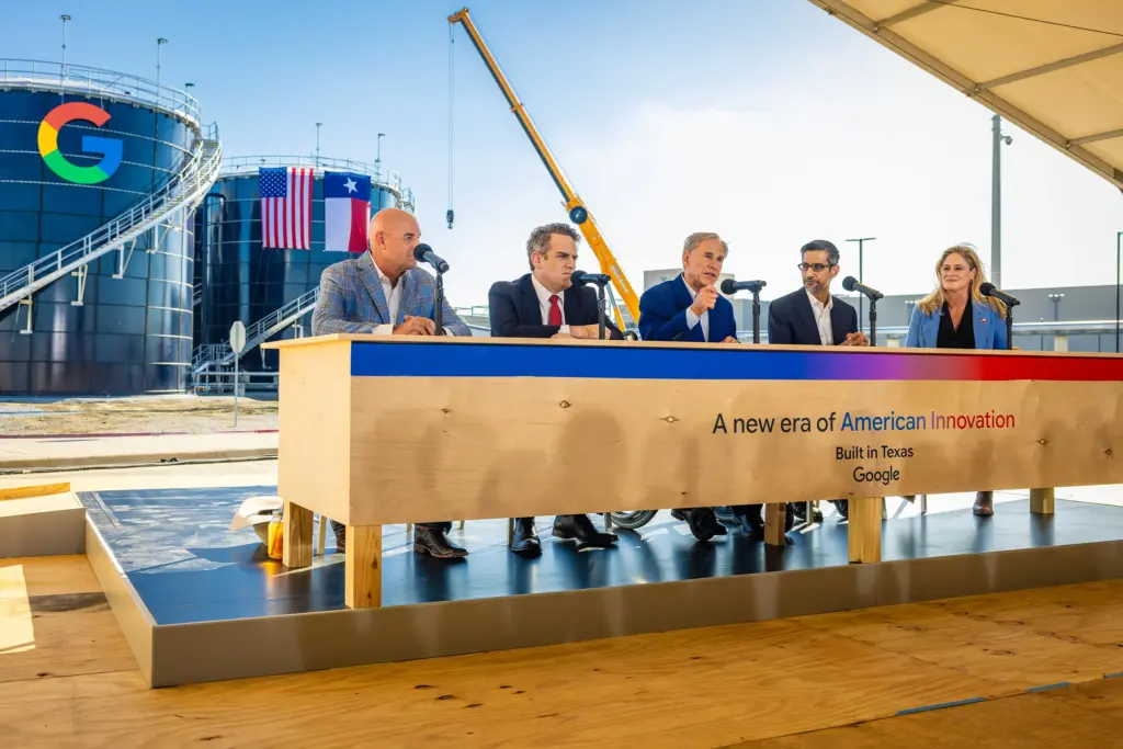 Texas Gov. Greg Abbott and Google CEO Sundar Pichai at a Google data center in Midlothian on Nov. 14, 2025.