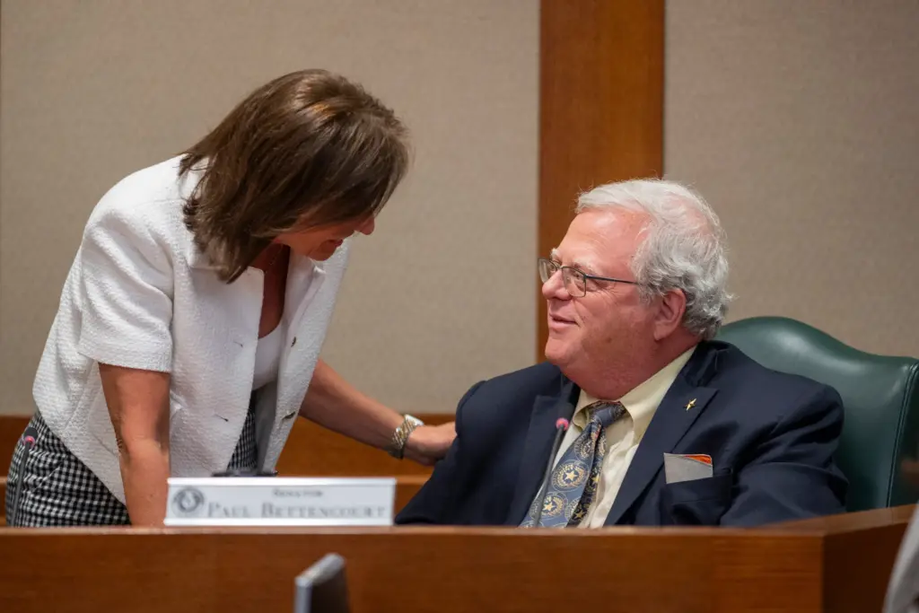 State Sen. Angela Paxton, R-McKinney speaks with state Sen. Paul Bettencourt R-Houston, during a committee hearing in Austin on Aug. 6, 2025.