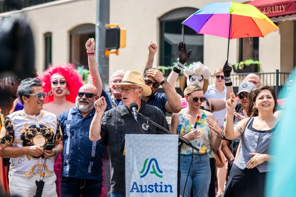 Austin mayor Kirk Watson gives a speech at the newly installed mural on 4th street on June 20, 2026 in downtown Austin. The new mural is in response to the Texas Department of Transportation issuing a letter to remove any artwork on roadways.