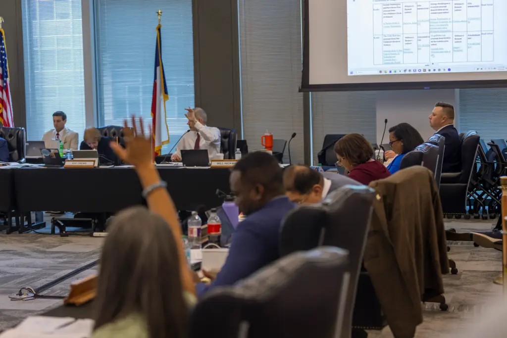 Board members debate and vote on amendments during the Friday State Board of Education meeting in Austin.