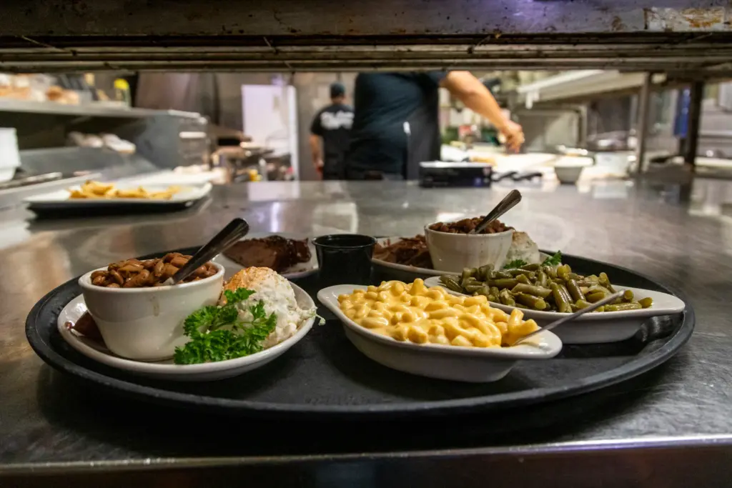 An order of food sits ready to be sent out to customers at County Line Bar-B-Q in Austin.