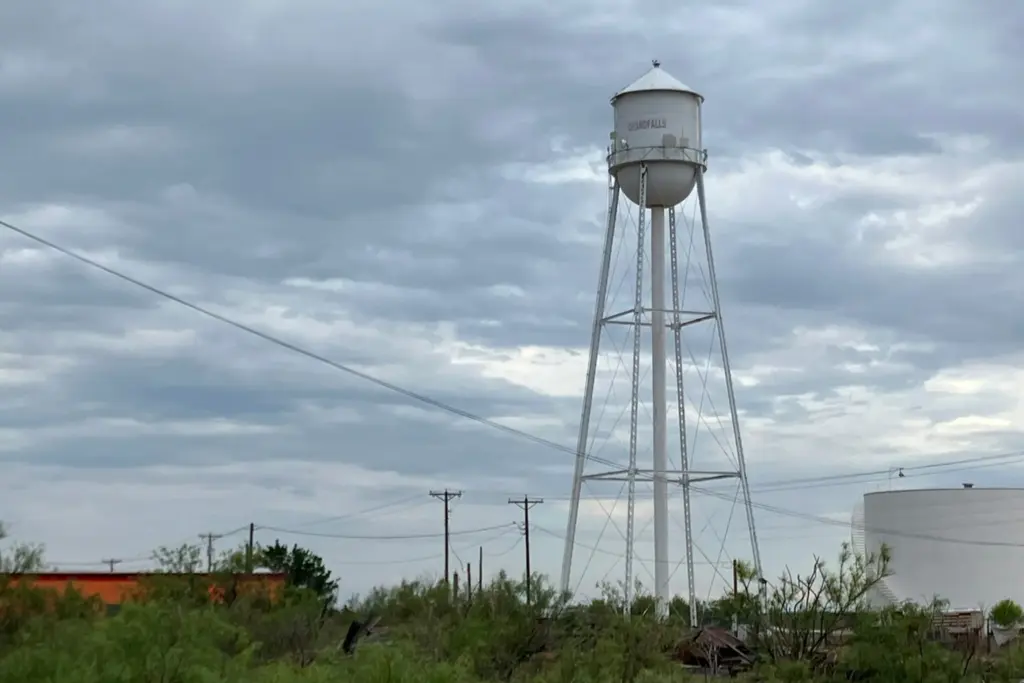 The Grandfalls water tower, which supplies the town of approximately 300 people in Ward Co.