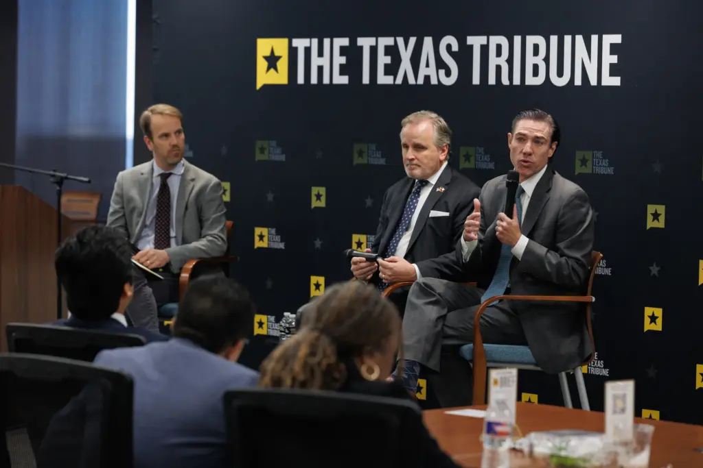 State Rep. Morgan Meyer, R-University Park, joined by state Sen. Bryan Hughes, R-Mineola, answers audience questions during a March 24, 2026 Tribune event in Dallas on the state’s push to become a new center of the corporate and financial worlds.