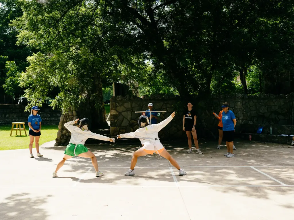 Campers during fencing practice at Camp Waldemar in Hunt, Texas on June 13, 2026.
