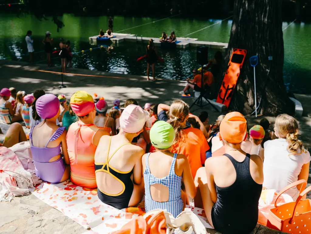 Campers during swim practice on the North Fork of the Guadalupe River at Camp Waldemar in Hunt, Texas on June 13, 2026.