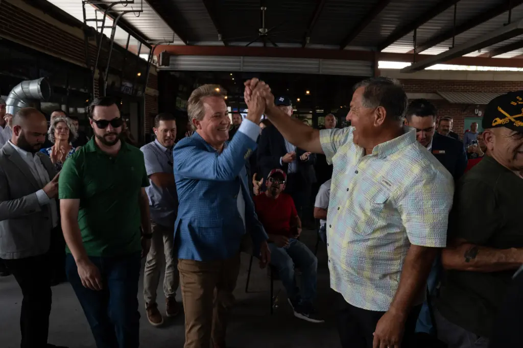 General Attorney Ken Paxton, who is running for U.S. senate, is greeted during his rally in McAllen on July 14, 2026. Gabriel V. Cárdenas for The Texas Tribune