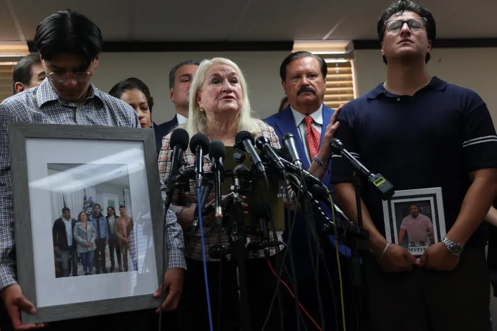 U.S. Rep. Sylvia Garcia, D-Houston, speaks at a July 8 press conference alongside family members of Lorenzo Salgado Araujo, who was shot and killed by an ICE agent on the morning of July 7, 2026.