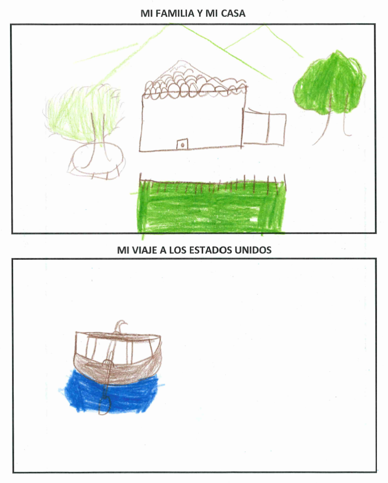 M.R.'s nine-year-old daughter drew pictures in late 2025 about her home and her journey to the United States.