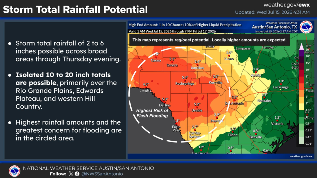 A National Weather Service map shows potential heavy rainfall in multiple counties west of San Antonio from 1 a.m. Wednesday through 7 p.m. Friday, july 17.