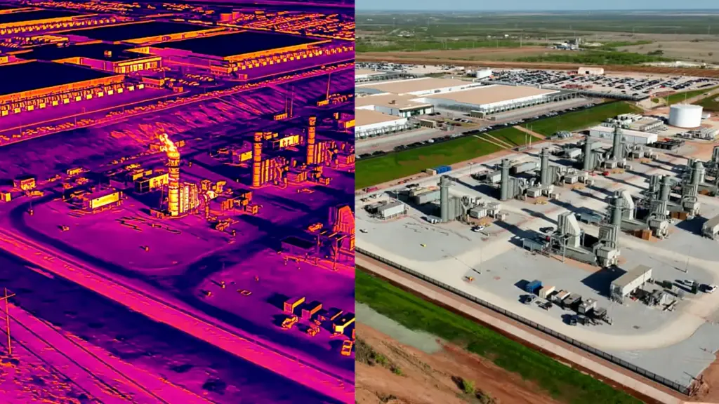 Thermal imagery (left) captured in late March shows one of the 10 gas-fired turbines in operation at OpenAI’s flagship data center in Abilene, Texas. The turbines – located directly beside a residential compound - are among the thousands of data center on-site power sources identified by Floodlight approved through minor permits that do not require public input or extensive environmental reviews.