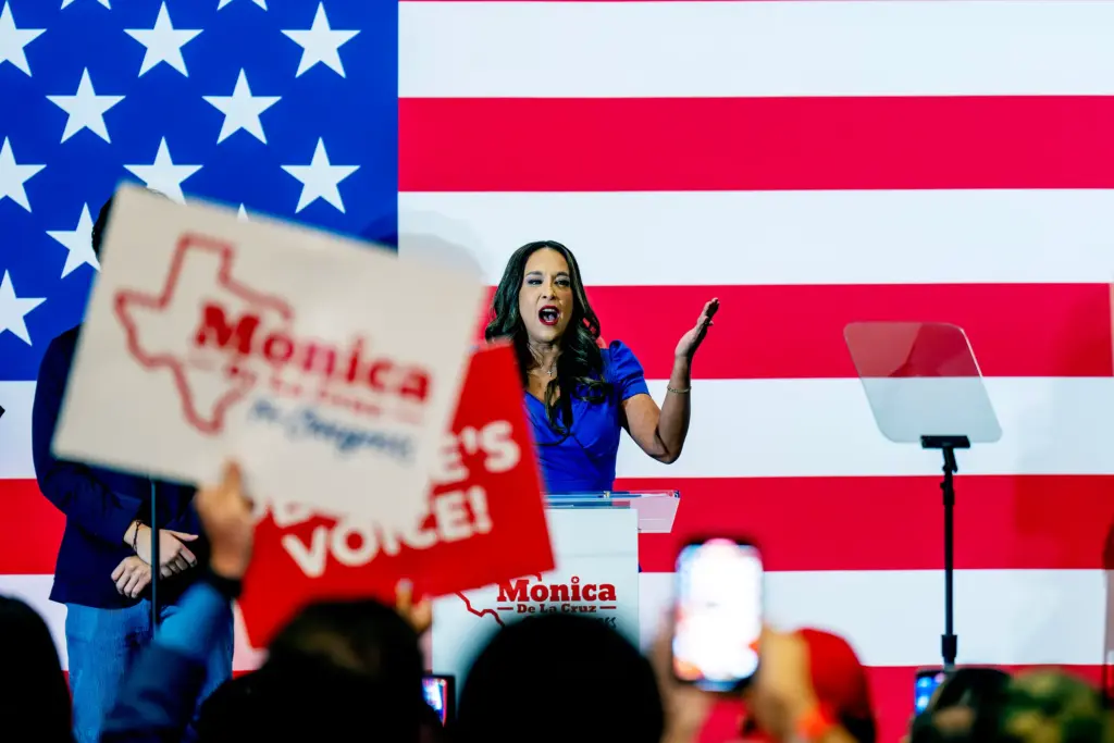 Monica De La Cruz speaks at her election night watch party in McAllen on Nov. 5, 2024.