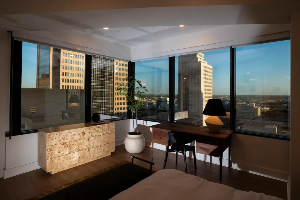 The view fro a bed room of an apartment inside Santander Tower in downtown Dallas, on Nov. 07, 2023.