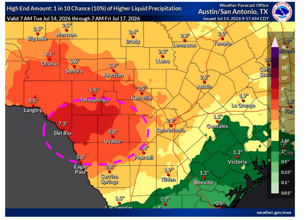 A National Weather Service map shows potential heavy rainfall in multiple counties west of San Antonio for the 24-hour period from 7 a.m. Tuesday to 7 a.m. Wednesday