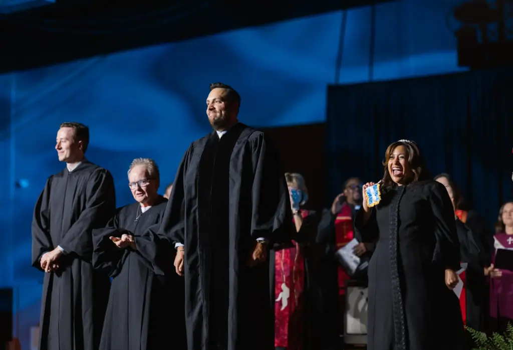 The Rev. Julia Puac-Romero, right, smiles during the Ordination and Commissioning Service at the Horizon Texas Annual Conference, Tuesday, June 2, 2026, in Wichita Falls.