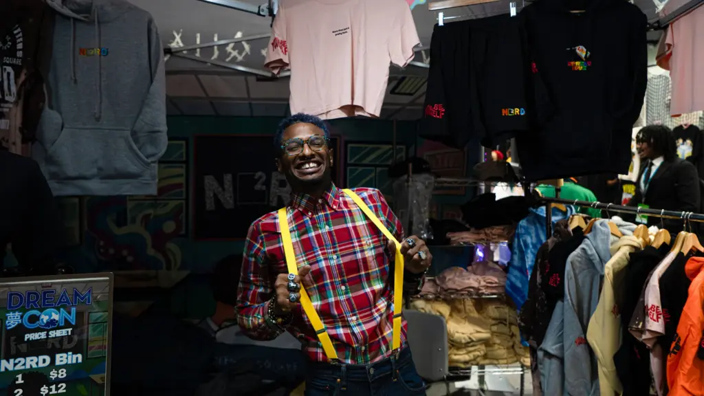 Jahlil attended Dream Con 2026 in Houston via Atlanta and is one of the many vendors on display during the three day event. Jahlil says “There aren’t enough space like this for people of color, but they’re growing” . Saturday, July 11, 2026, in Houston. (Douglas Sweet Jr / The Texas Tribune)