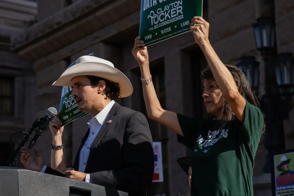 Agriculture Commissioner candidate Clayton Tucker speaks at a rally against data center development across the state on the Capitol grounds in Austin on July 27, 2026.