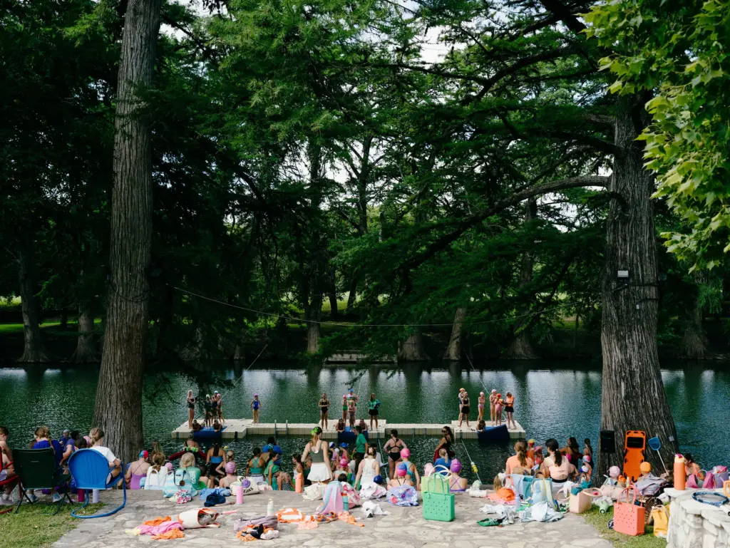Campers during swim practice on the North Fork of the Guadalupe River at Camp Waldemar.