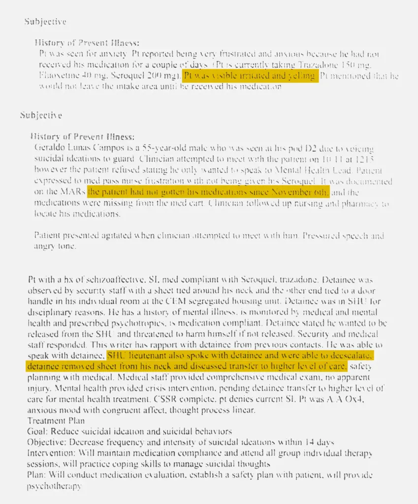 A compilation of three patient history excerpts shows various entries regarding Geraldo Lunas Campos. The text contains three highlighted sections:
First section: