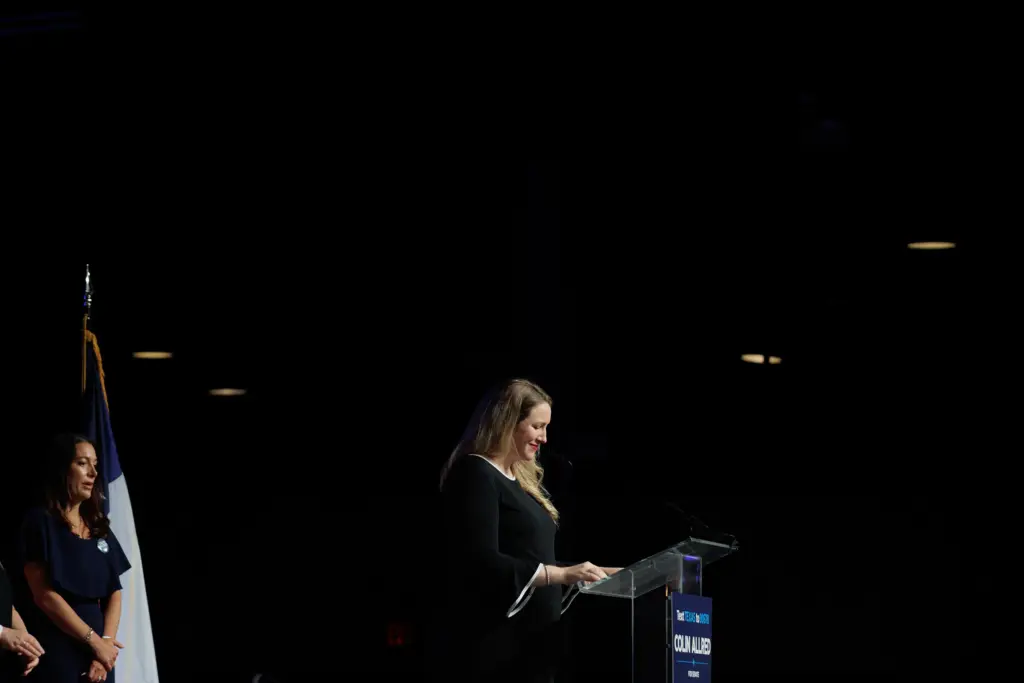 Kate Cox, who sued the state while pregnant and unable to get an abortion with a lethal fetal anomaly, speaks with plaintiffs in the Zurawski v. Texas case standing behind her at the kick-off event for the “Women for Allred” coalition addressing the state of women’s health and abortion rights in Dallas, TX on August 24, 2024.