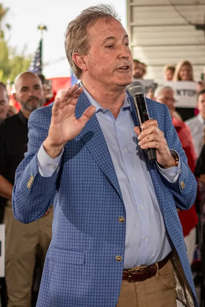 Attorney General Ken Paxton speaks on how he plan to keep Texas red while comparing himself to his opponent State Rep. James Talarico during his “Rally in the Valley” in McAllen on July 14, 2026.
