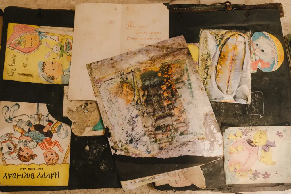 A scrapbook made for Julie Casteel’s husband by his mother with water damage from the July 16 flood in Kerrville, Texas on July 28, 2026.