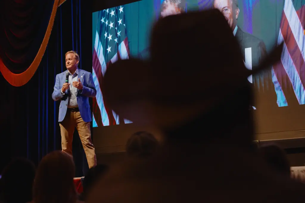 Republican candidate for U.S. senate and state Attorney General Ken Paxton speaks at the Red River Roll Call, a Republican rally hosted by Texas Rep. Shelley Luther in Sherman on July 27, 2026.