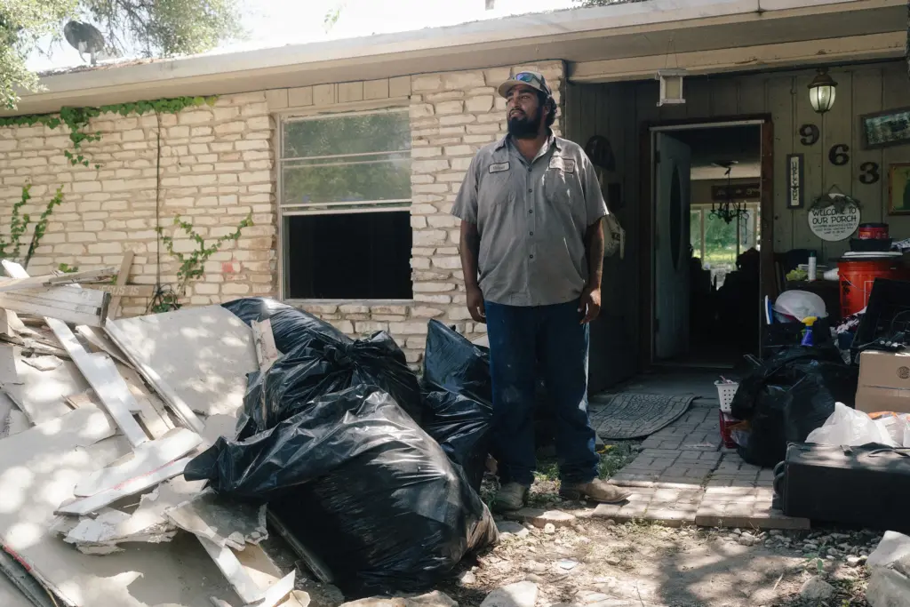 Michael Ybarra outside of his home, which flooded during the July 16 flood, in Kerrville, Texas on July 28, 2026.