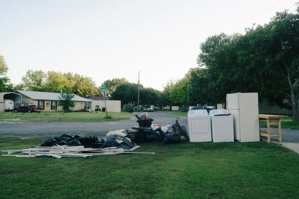 Joan Connor and David Stearns’ damaged belongings outside of their home that flooded during the 2025 flood and the July 16, 2026 flood in Hunt, Texas on July 26, 2026.