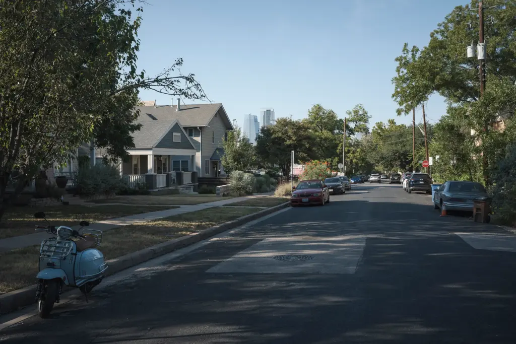 A street in the Travis Heights neighborhood seen on Tuesday, Aug. 24, 2026, in Austin. The nearby South Austin Christian Church has faced pushback from its neighbors in the form of a ‘valid petition’ after plans to sell its property to an affordable housing developer were announced. The Austin City Council approved the project unanimously and the property will be developed into homes for up to 65 people.
