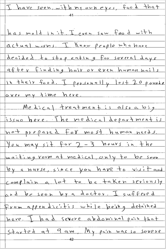 A letter written by Hayam’s 16-year-old son describes having seen food with mold and worms.