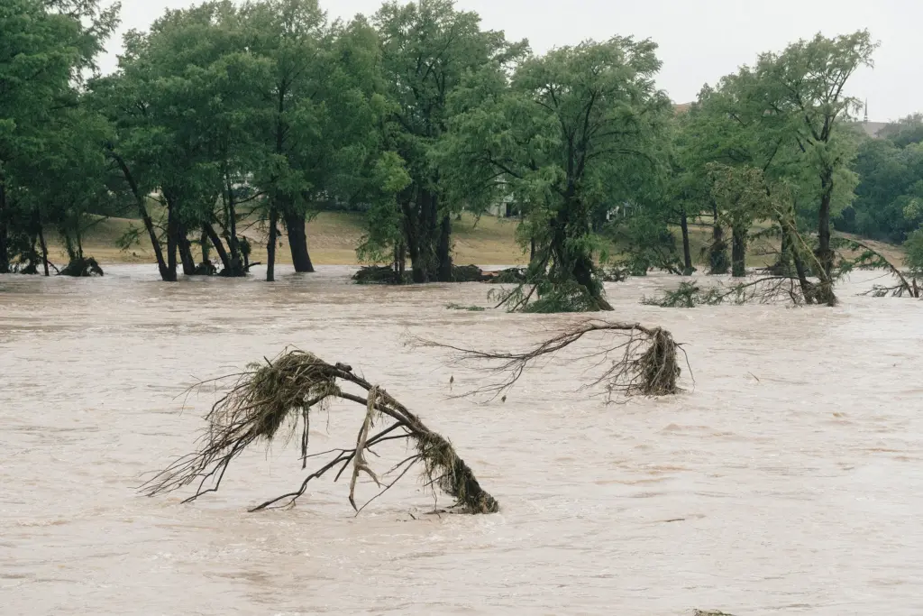 The flooded Guadalupe River in Lowry Park in Kerrville, Texas on July 16, 2026.