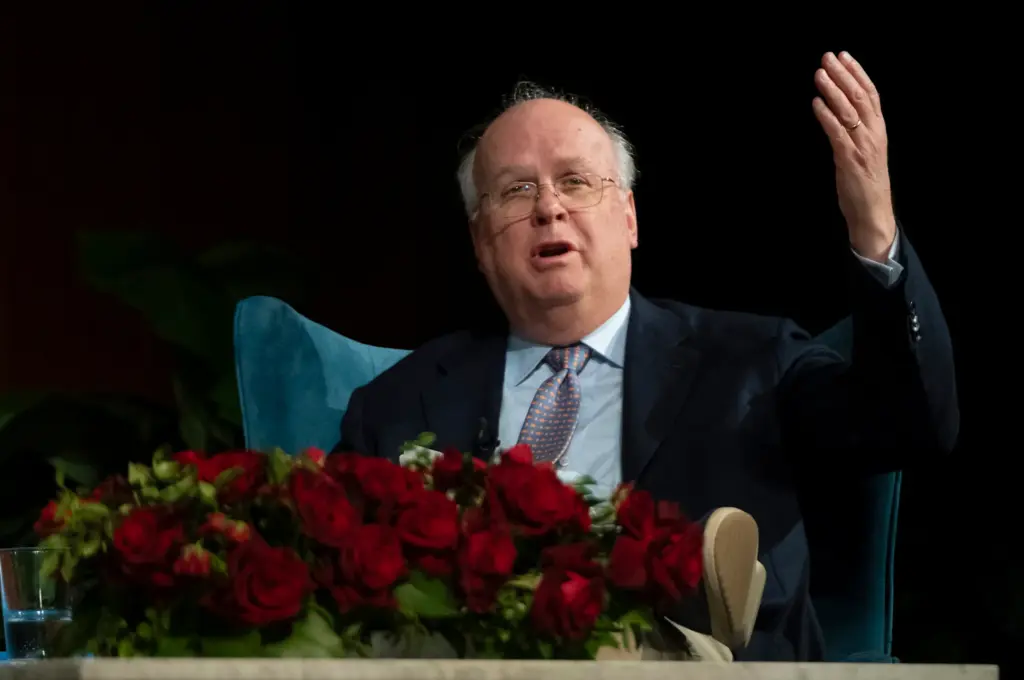 Former White House Director of Communications, Deputy Chief of Staff, and Republican strategist Karl Rove speaks at the LBJ Presidential Library in Austin on April 10, 2024.