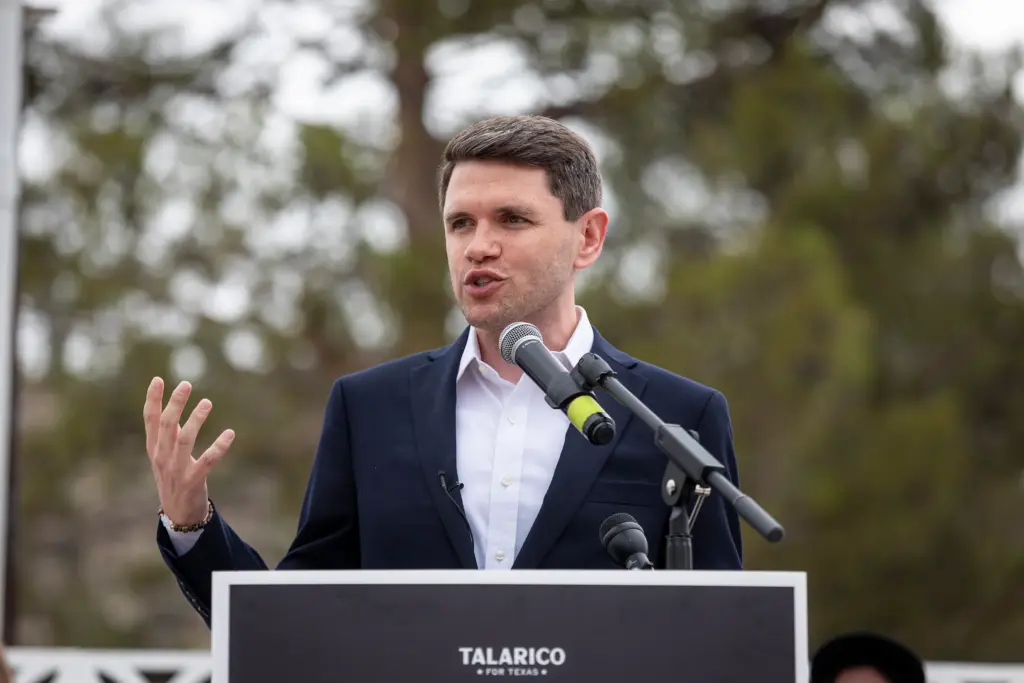 State Rep. and Democratic nominee for U.S. Senate James Talarico speaks at a campaign stop in Sanderson on July 13, 2026.